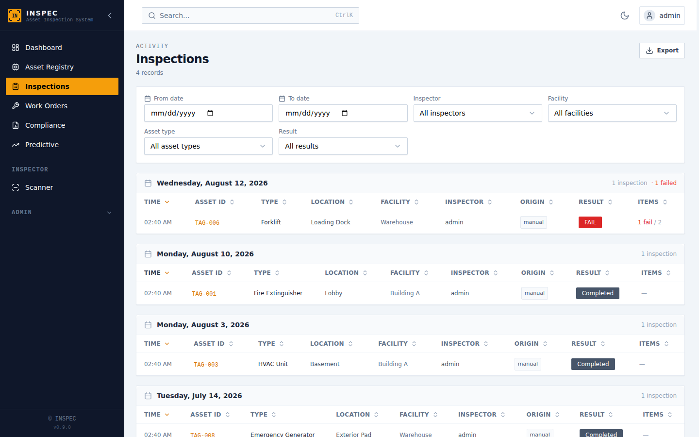 A record of every inspection, pass or fail — INSPEC screenshot