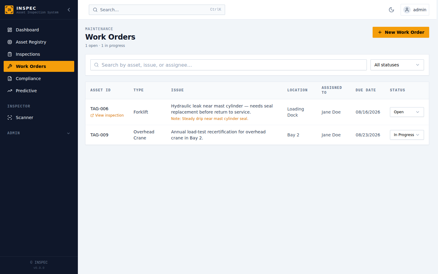 Failed inspections become tracked work, automatically — INSPEC screenshot